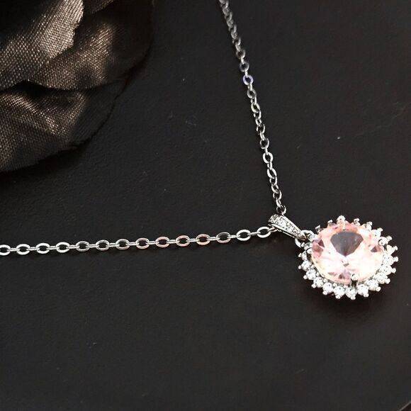 Pink Sapphire & Clear White Baguette Diamond Pendant 14K White Gold 925  - Picture 6 of 8